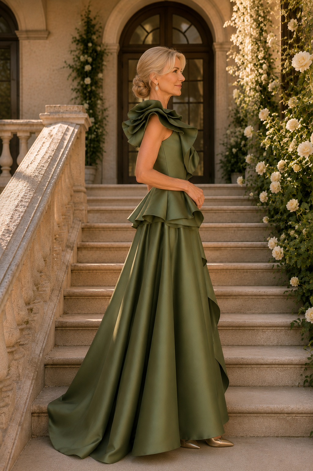 Einarmiges Peplum A-Linien Satin-Kleid