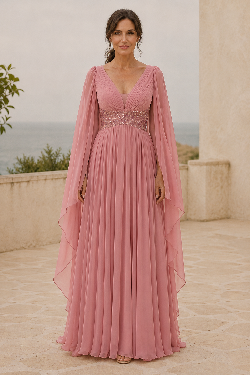Abendkleid aus Chiffon mit Cape-Ärmeln und perlenbesetzter Taille