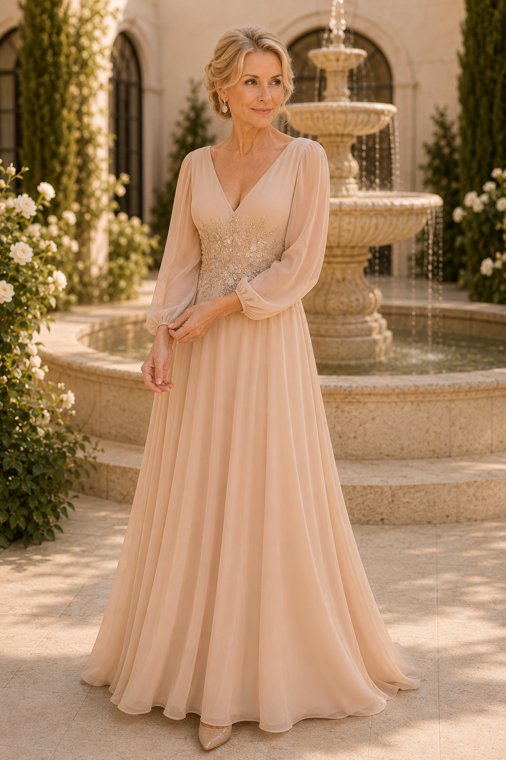 A-Linien-Chiffonkleid mit langen Bischofsärmeln