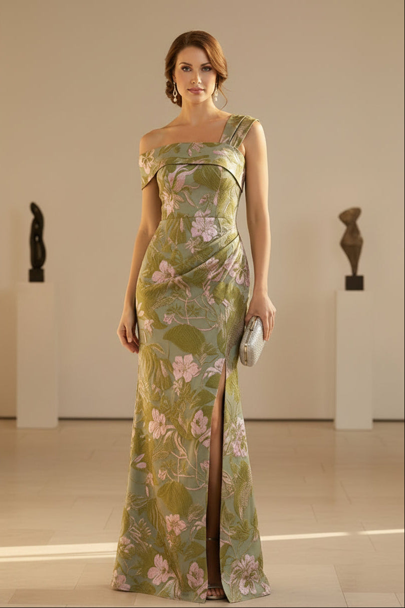 Blumiges Jacquard-Abendkleid mit One-Shoulder und Schlitz