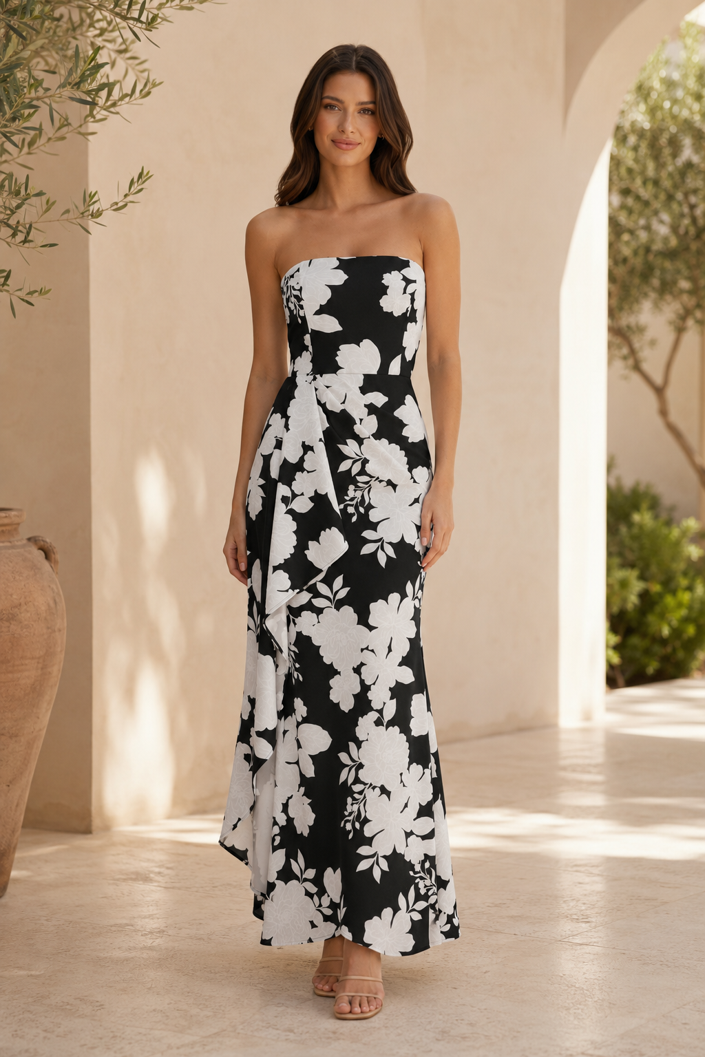 Trägerloses Maxi-Kleid mit Blumenmuster und Rüschen