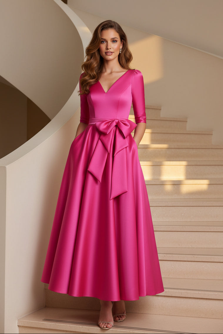 Satin-Midi-A-Linien-Kleid mit V-Ausschnitt und Schleifengürtel