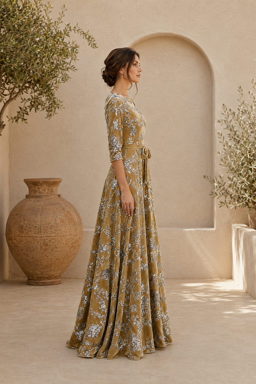Blumiges Pailletten-Samt-Abendkleid in A-Linie