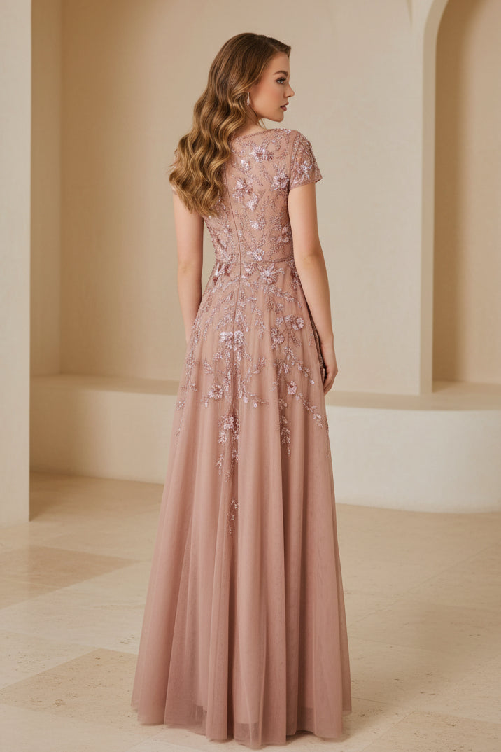 A-Linien Tüll Abendkleid mit Blumenstickerei