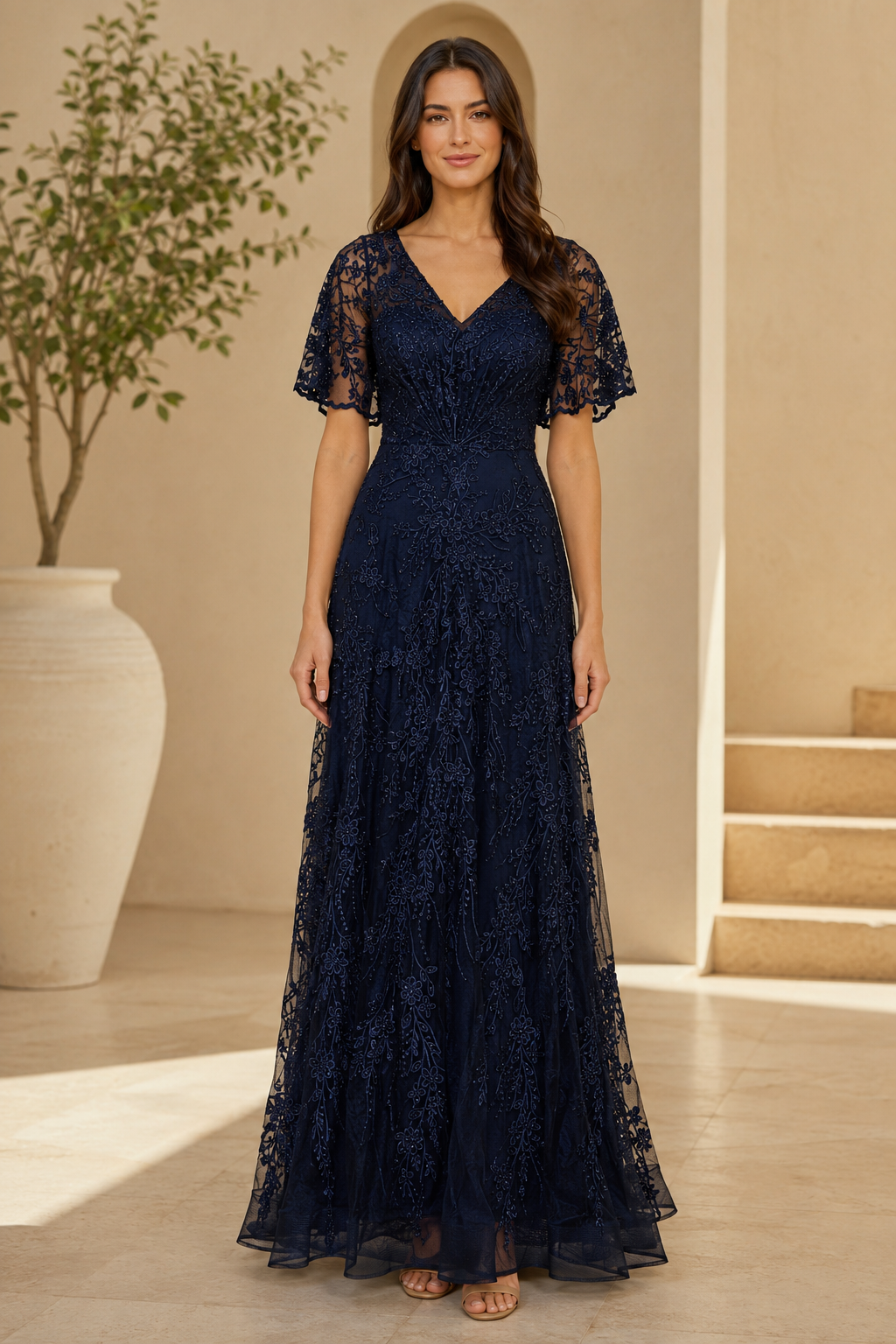 Abendkleid mit Spitzendetails, A-Linie und ausgestellten Ärmeln