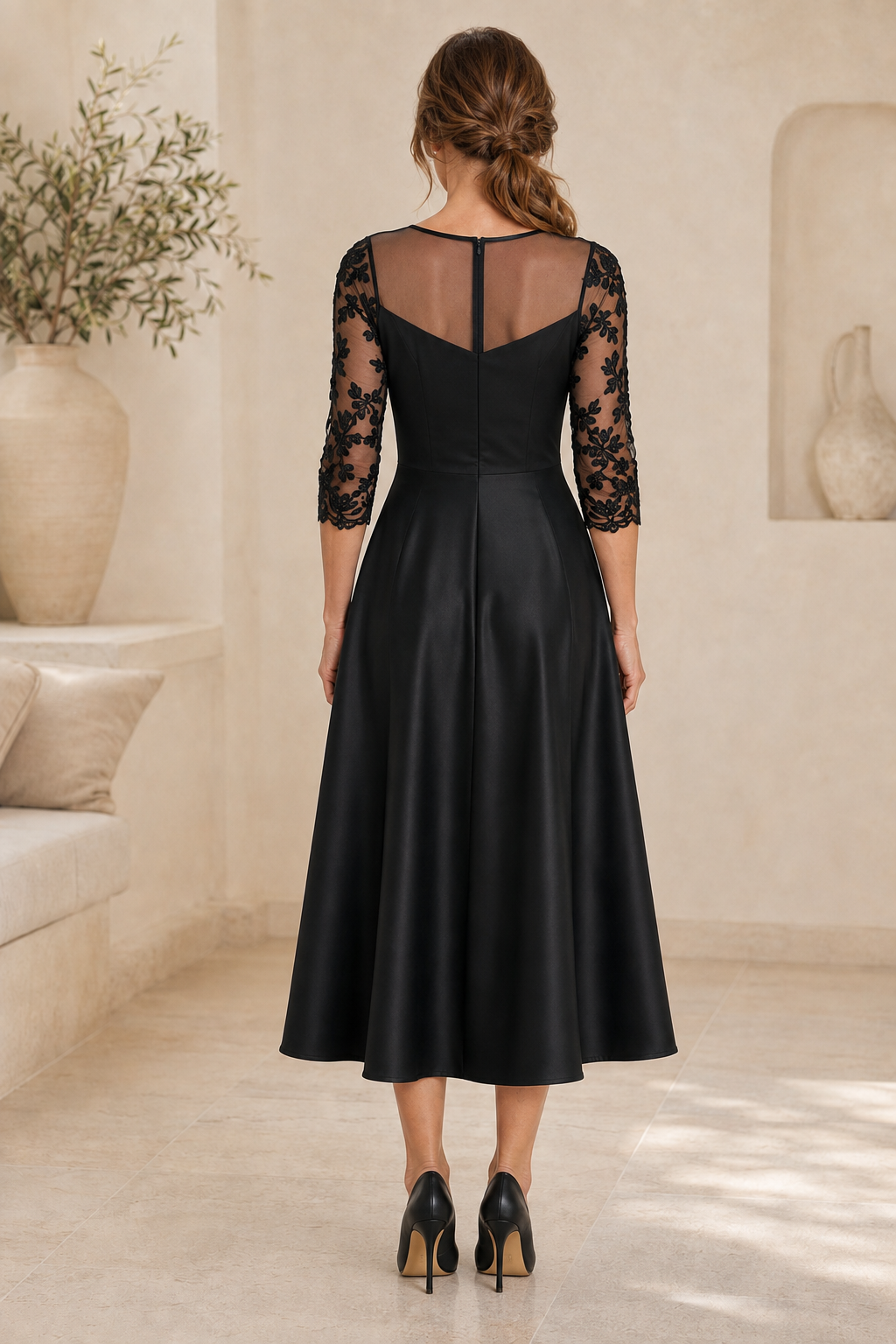 Midi-A-Linien-Kleid mit Illusionsausschnitt und Spitzenapplikationen