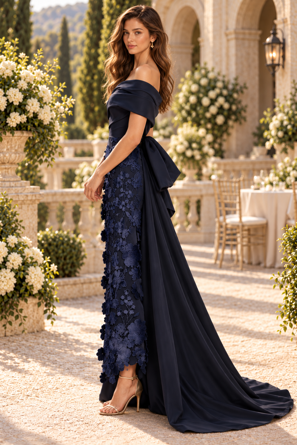 Off-Shoulder Floral Applique Gown with Train