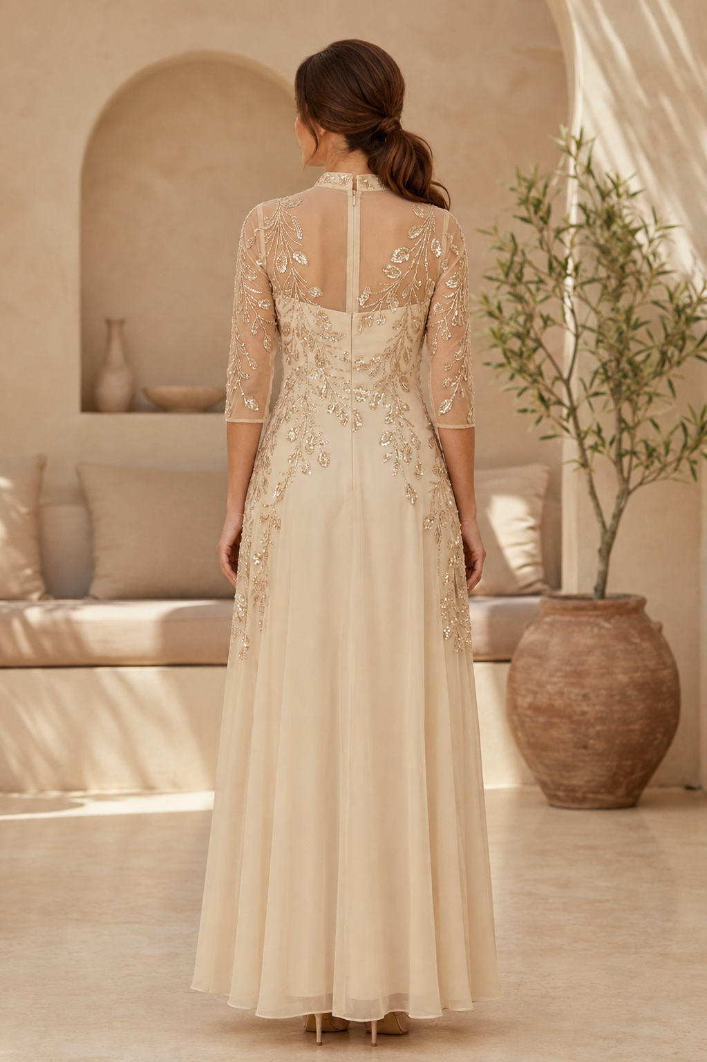 Abendkleid mit Perlenstickerei, A-Linie und 3/4-Ärmeln