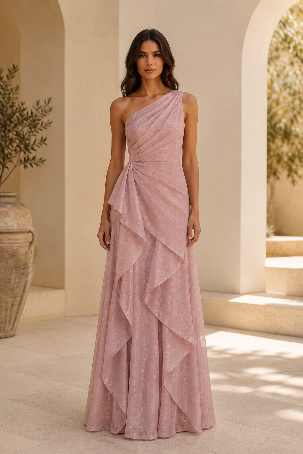 Ein-Schulter-Glitzerkleid mit Stufenrüschenrock