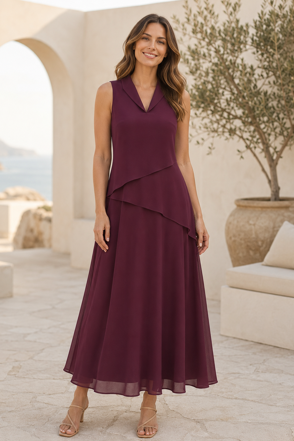 Ärmelloses asymmetrisches Chiffon-Midi-Kleid mit Kragen