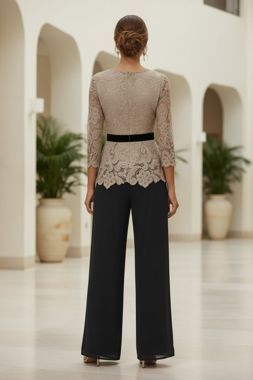 Set aus Spitzen-Peplum-Oberteil und Chiffon-Hose mit weitem Bein