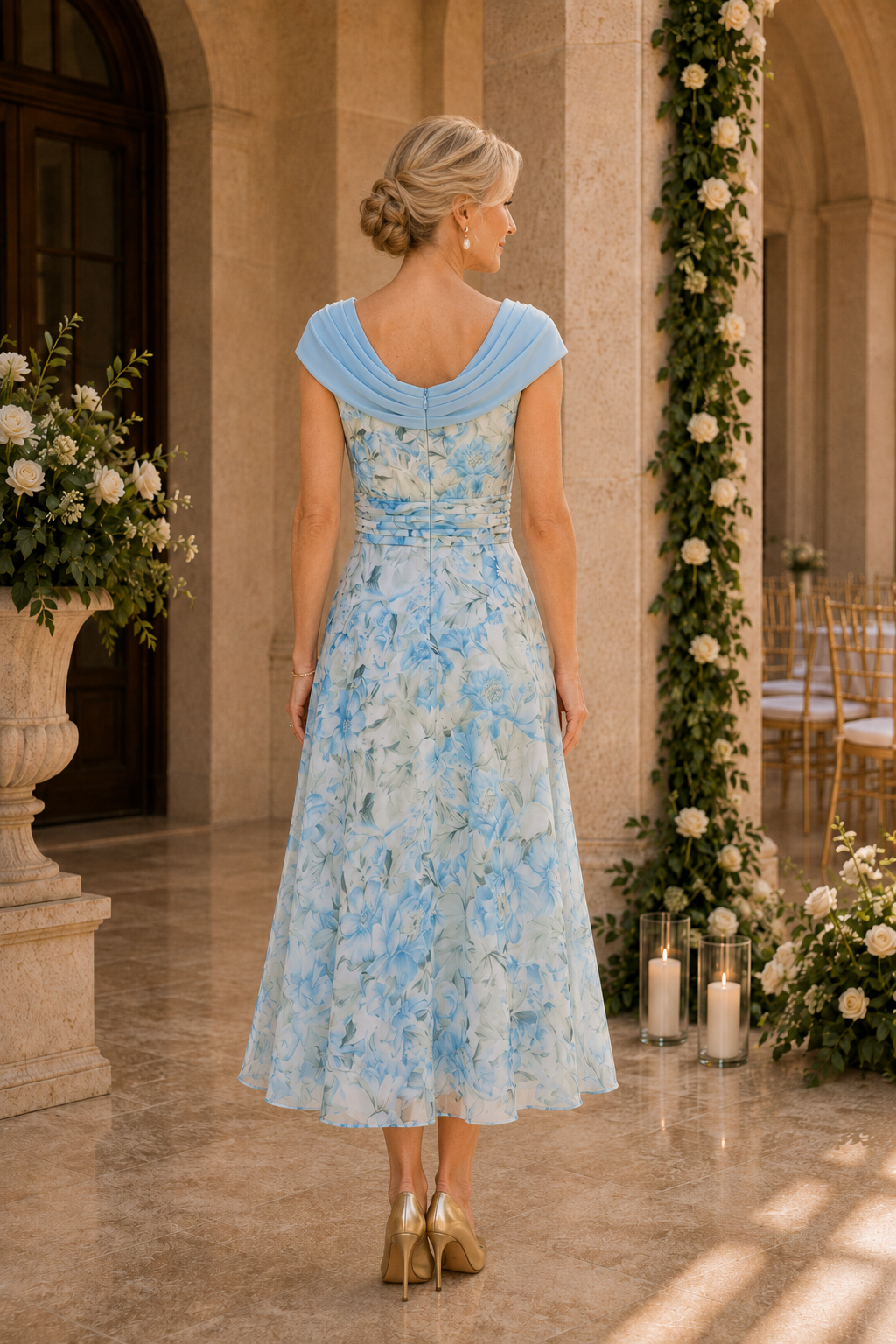 Blumen-Teelängenkleid mit drapiertem Ausschnitt