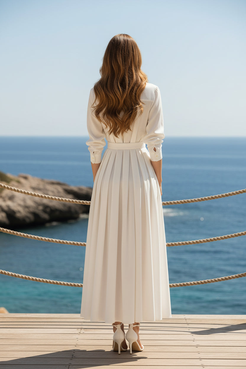 Plissiertes Maxi-Hemdkleid mit Gürtel und Taschen