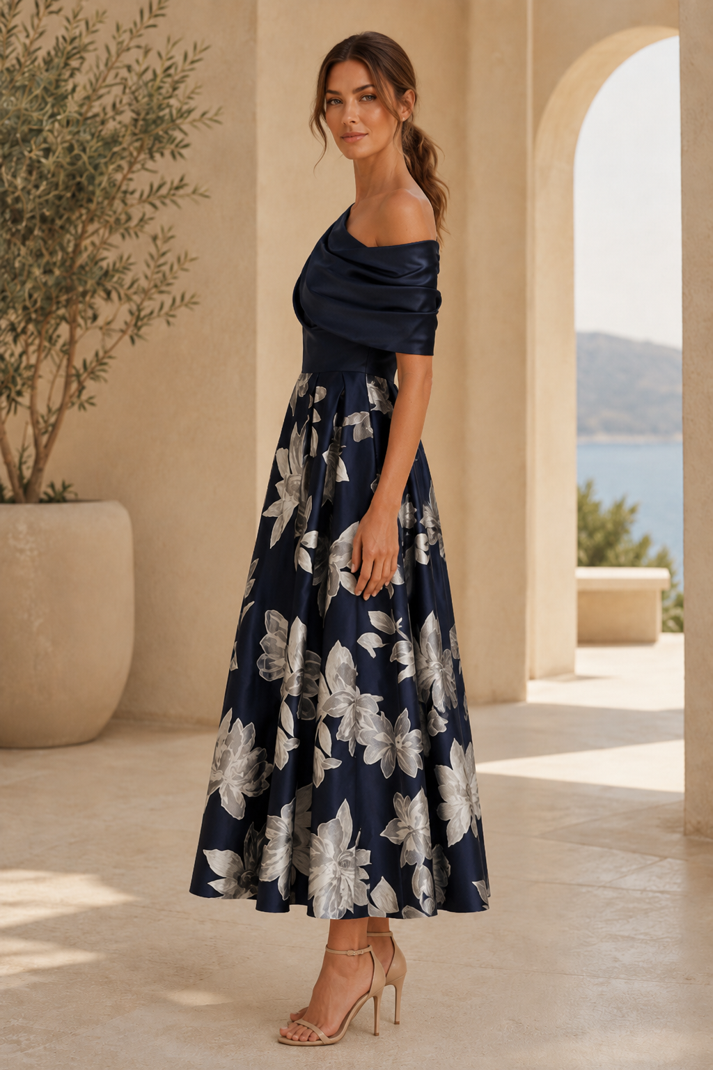 Blumen-Jacquard-Midikleid mit One-Shoulder-Träger