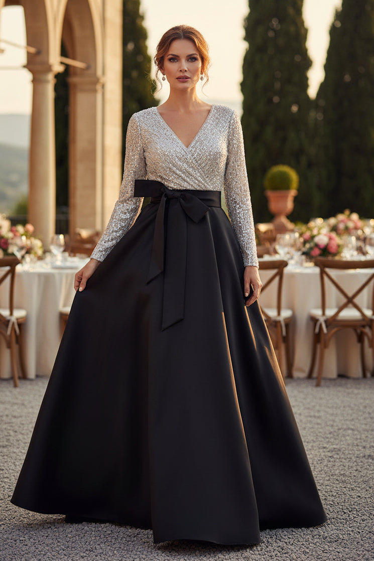 V-Ausschnitt Pailletten Langarm A-Linien-Kleid mit Taschen