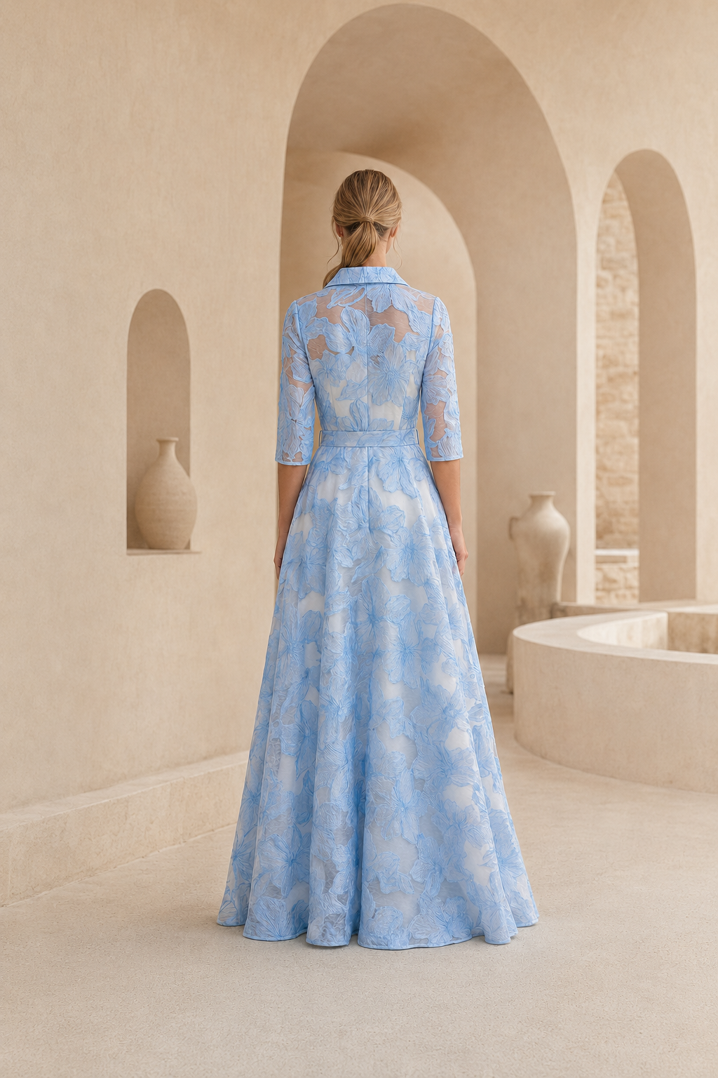 Geblümtes A-Linien-Kleid mit Kragen und 3/4-Ärmeln