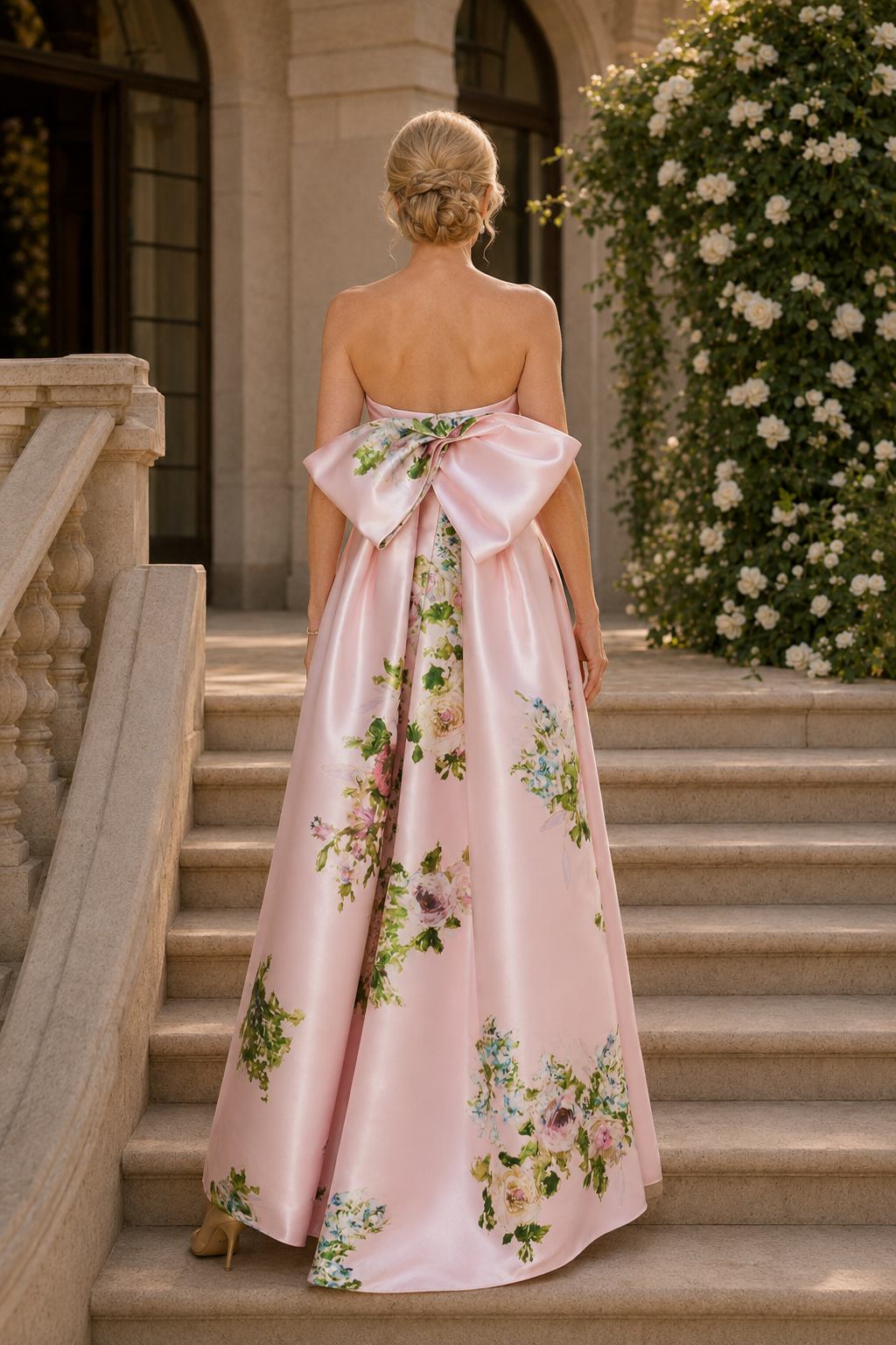 Trägerloses A-Linien-Satin-Kleid mit Blumenmuster und Schleife am Rücken