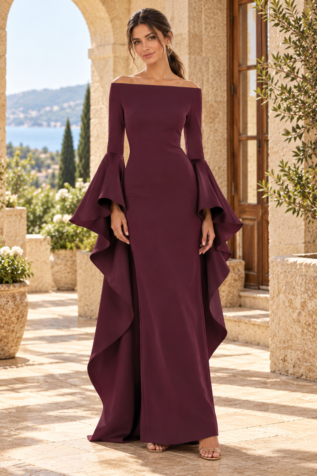 Off-the-Shoulder Cascading Bell Sleeve Gown