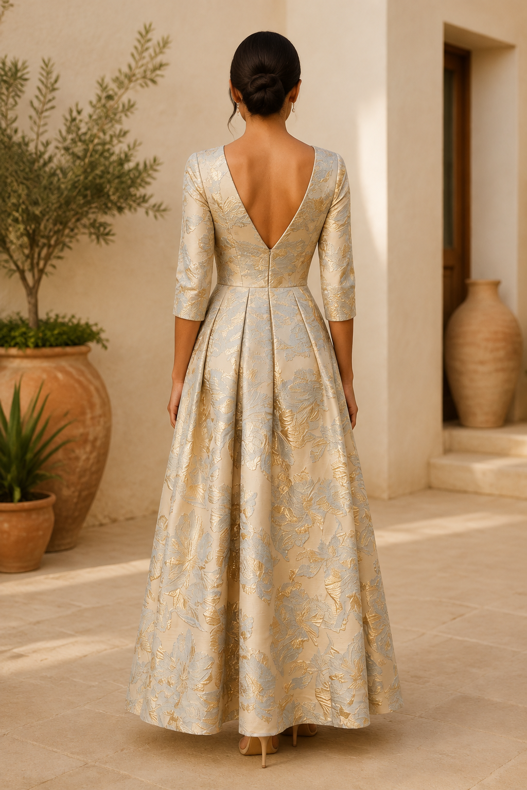 Geblümtes Jacquard-A-Linien-Kleid mit V-Rücken und 3/4-Ärmeln