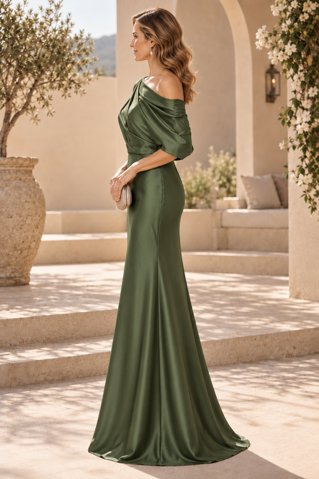 Draped One-Shoulder Satin Column Evening Gown
