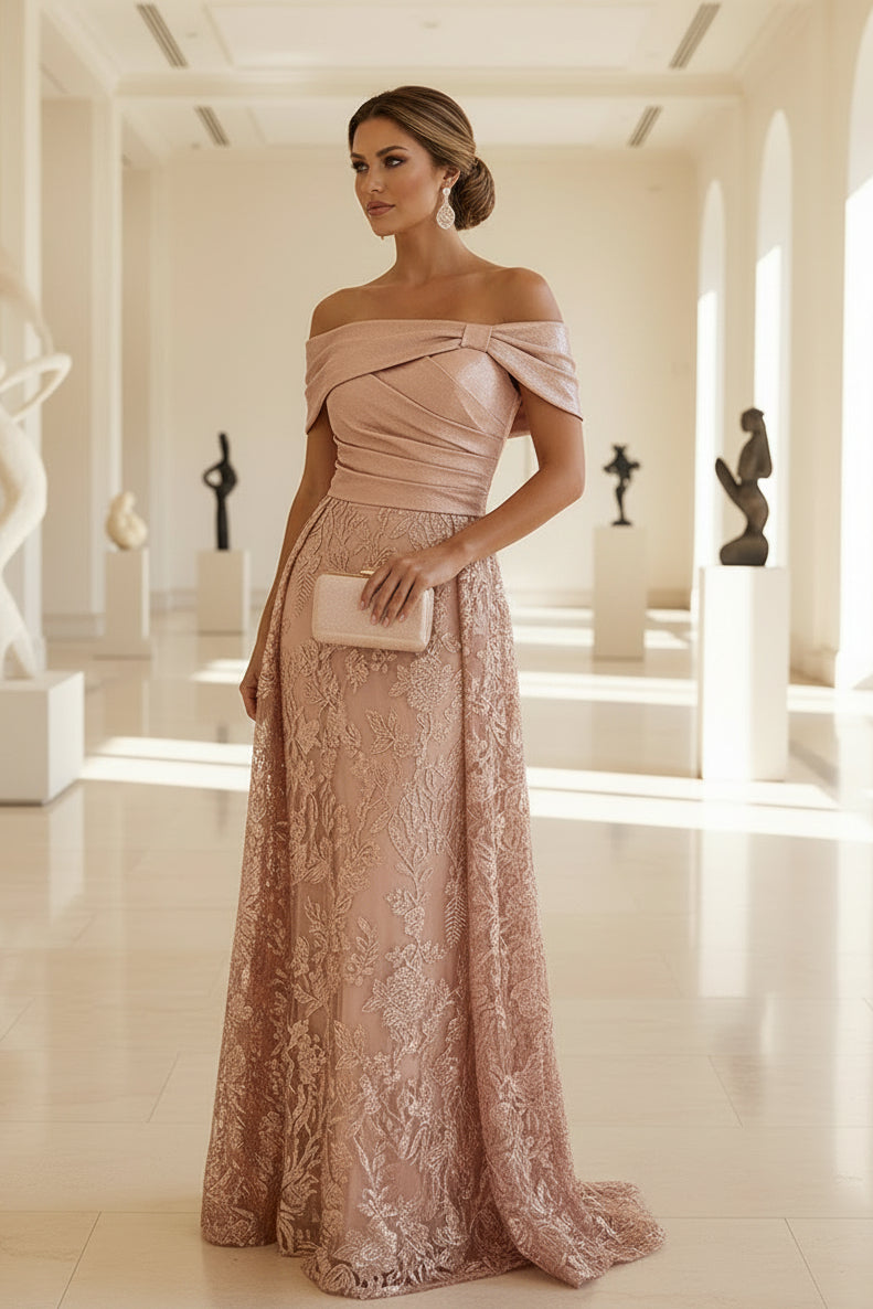 Schulterfreies A-Linien Abendkleid mit Spitze und Pailletten