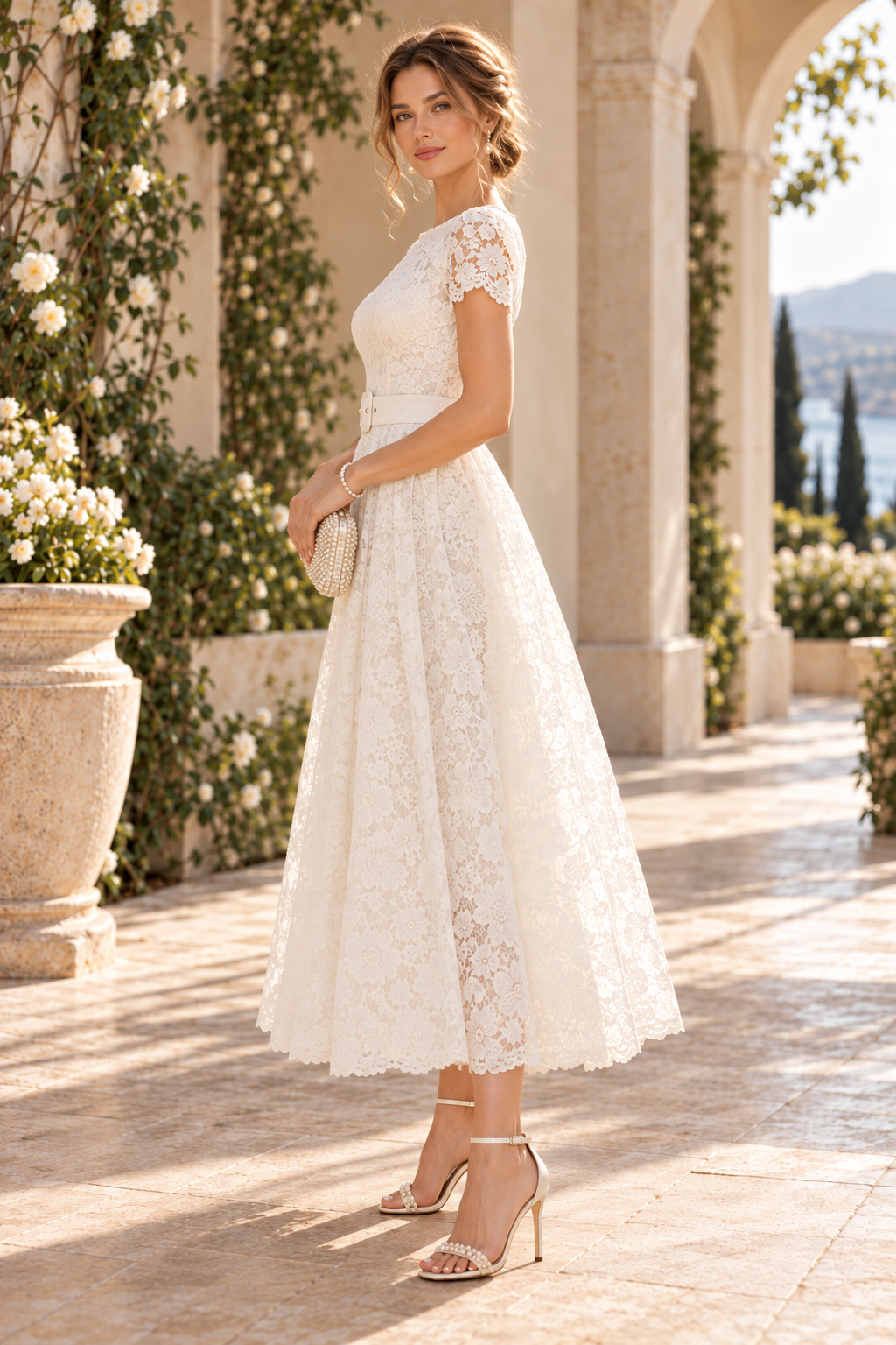 Belted Lace A-Line Tea-Length Dress with Sleeves