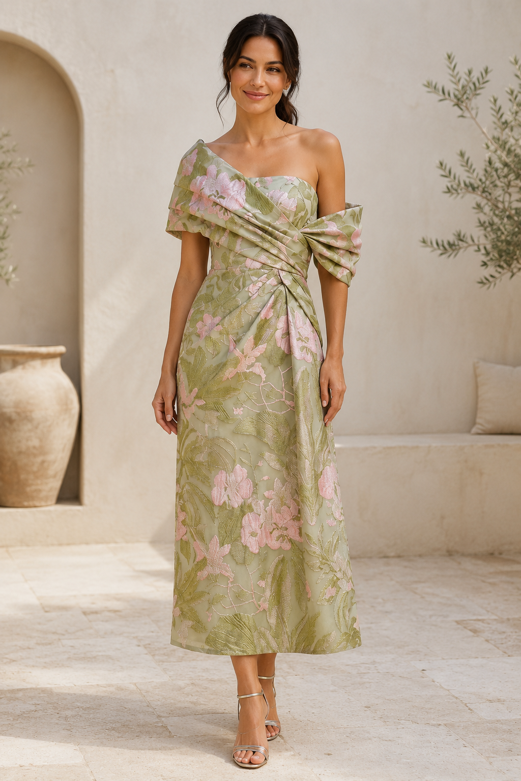 Geblümtes Jacquard-Midikleid mit einer Schulter, drapiertes Oberteil
