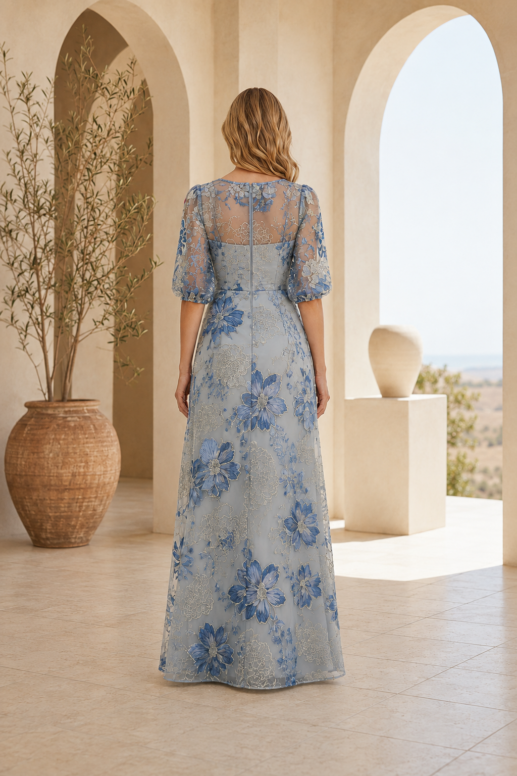 Blumig besticktes A-Linien-Kleid mit Ellenbogenärmeln