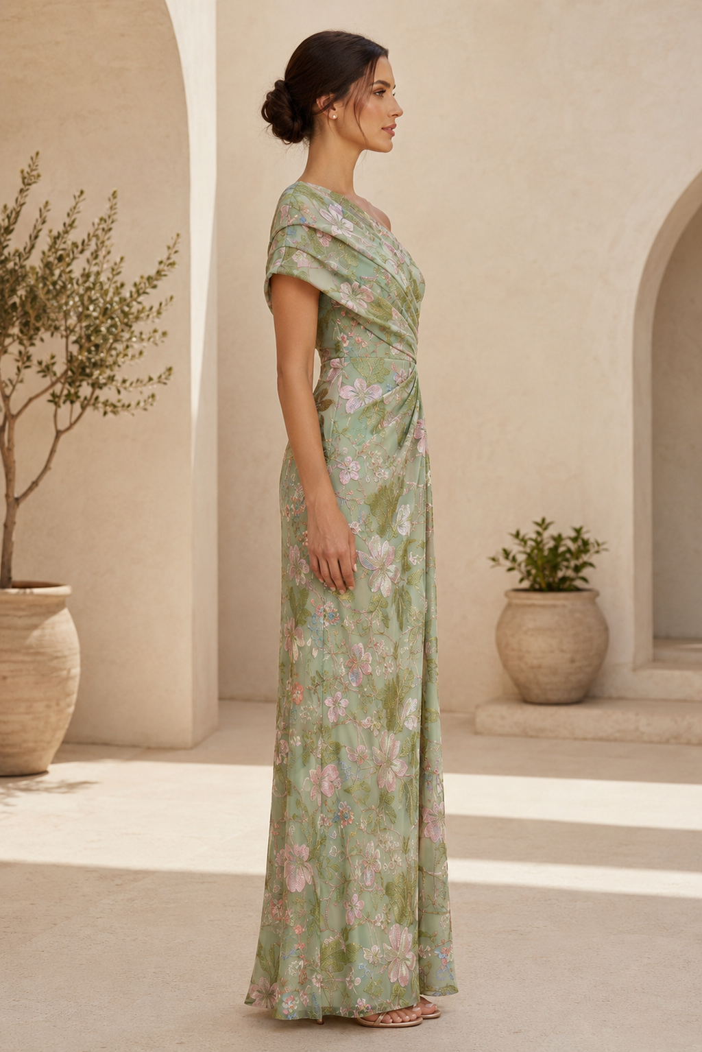 Blumenbedrucktes One-Shoulder-Kleid mit plissierter Drapierung