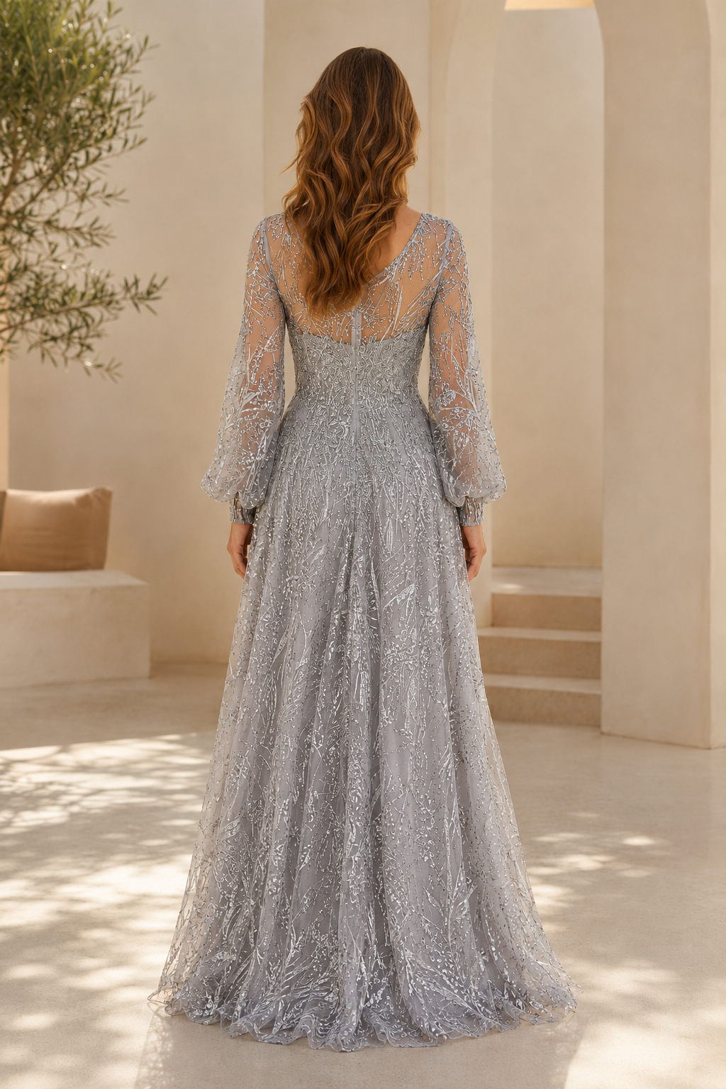 Langarm-Abendkleid mit Illusionsausschnitt, Pailletten und A-Linie