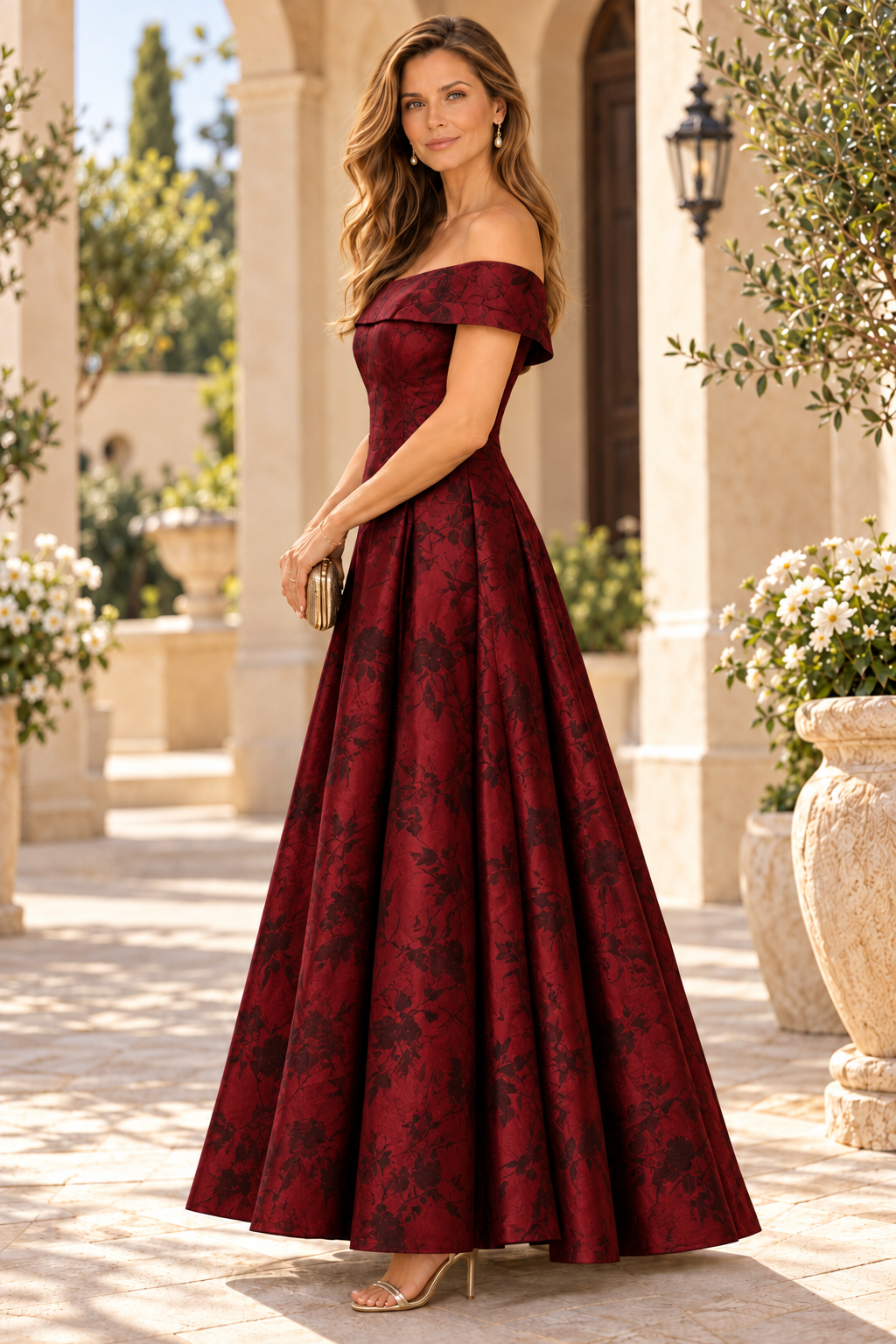 Off-the-Shoulder Jacquard A-Line Gown