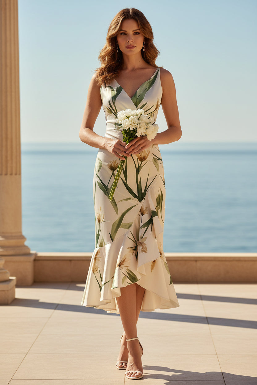 Geblümtes Wickel-Rüschen-High-Low-Midikleid