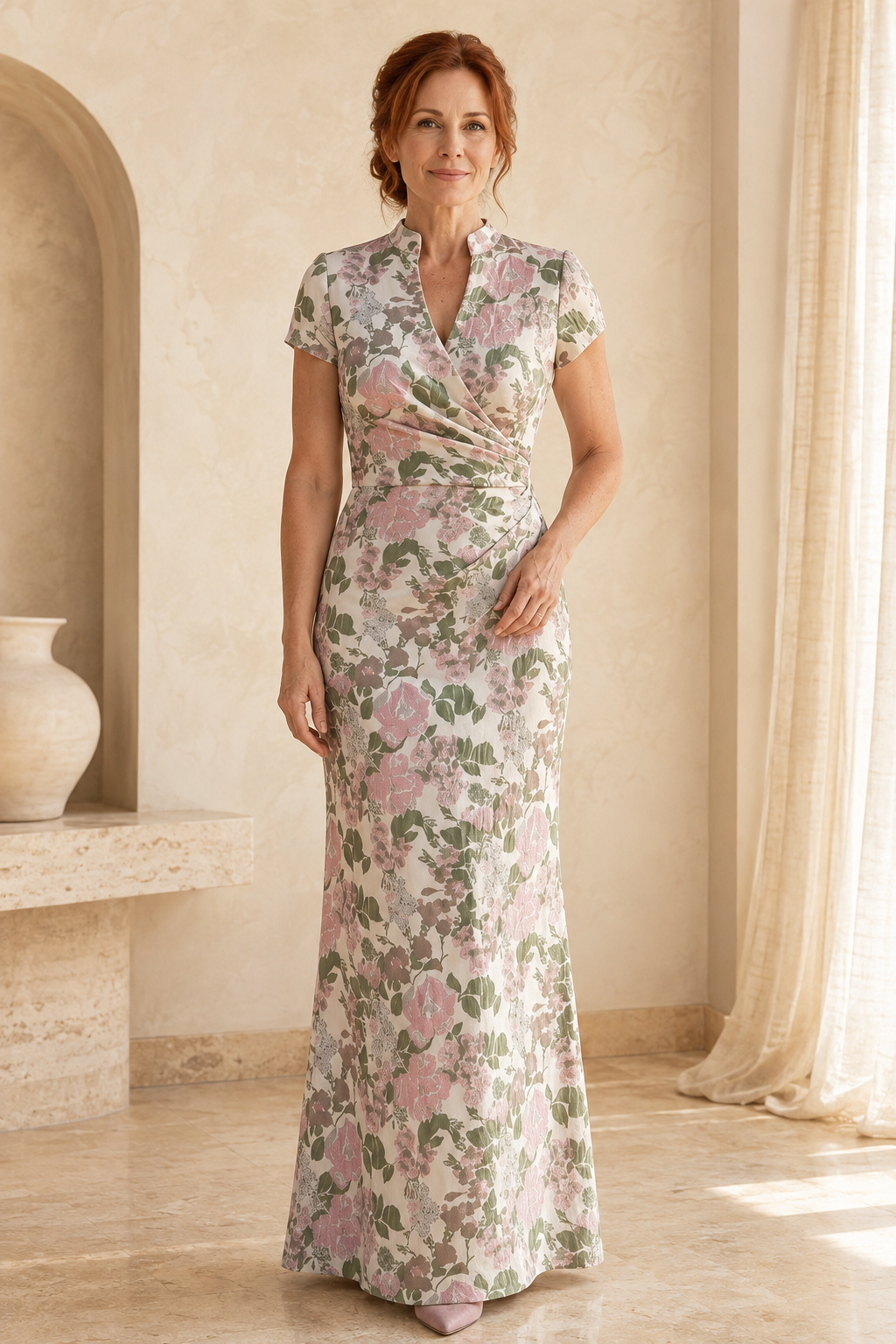 Florales Jacquard-Wickelkleid mit hohem Kragen und kurzen Ärmeln