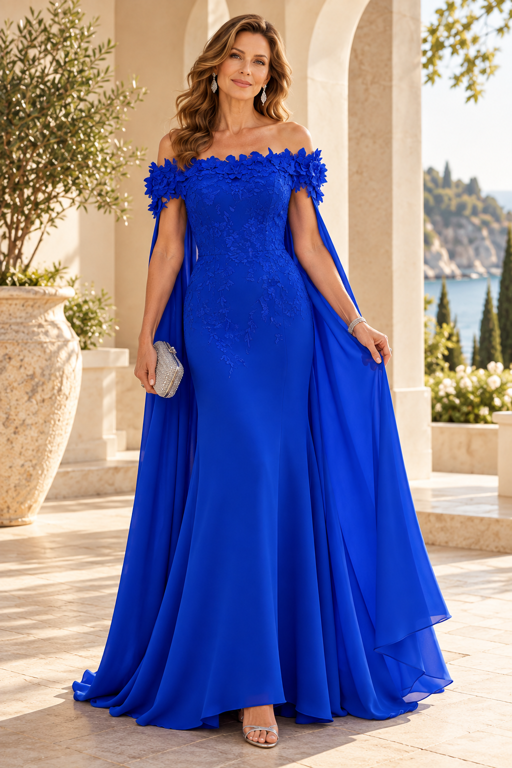 Off-the-Shoulder 3D Floral Cape Evening Gown