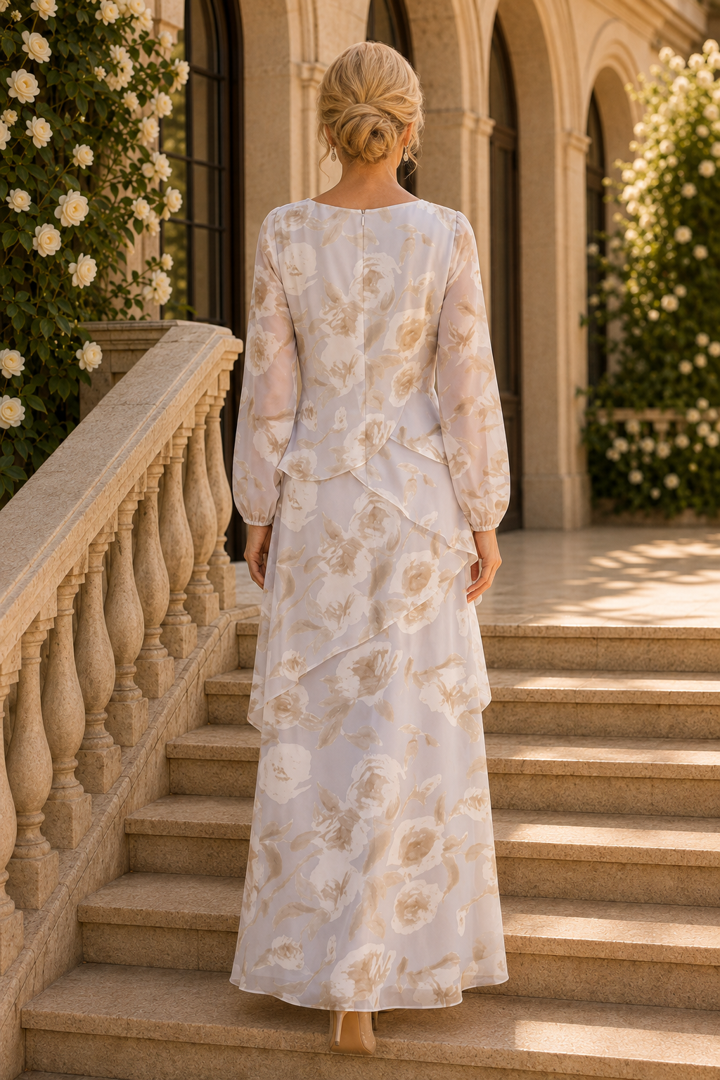 Geblümtes Maxi-Stufenkleid mit langen Ärmeln