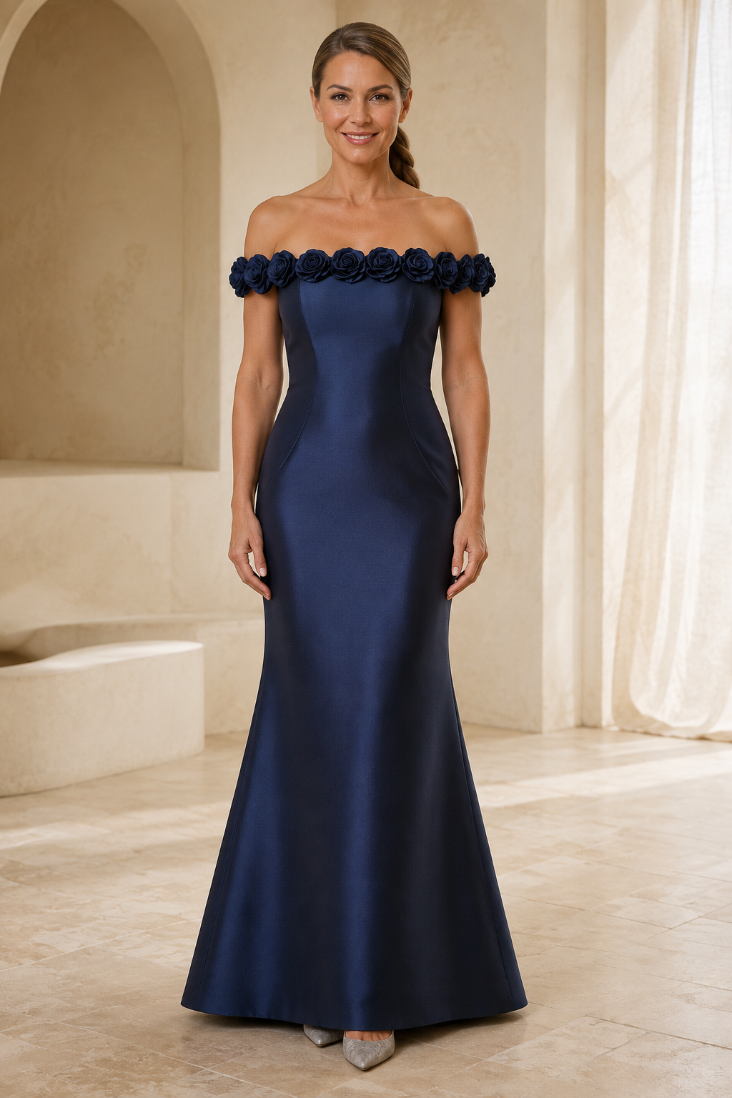 Trägerloses Satin-Meerjungfrauenkleid mit 3D-Blumenbesatz