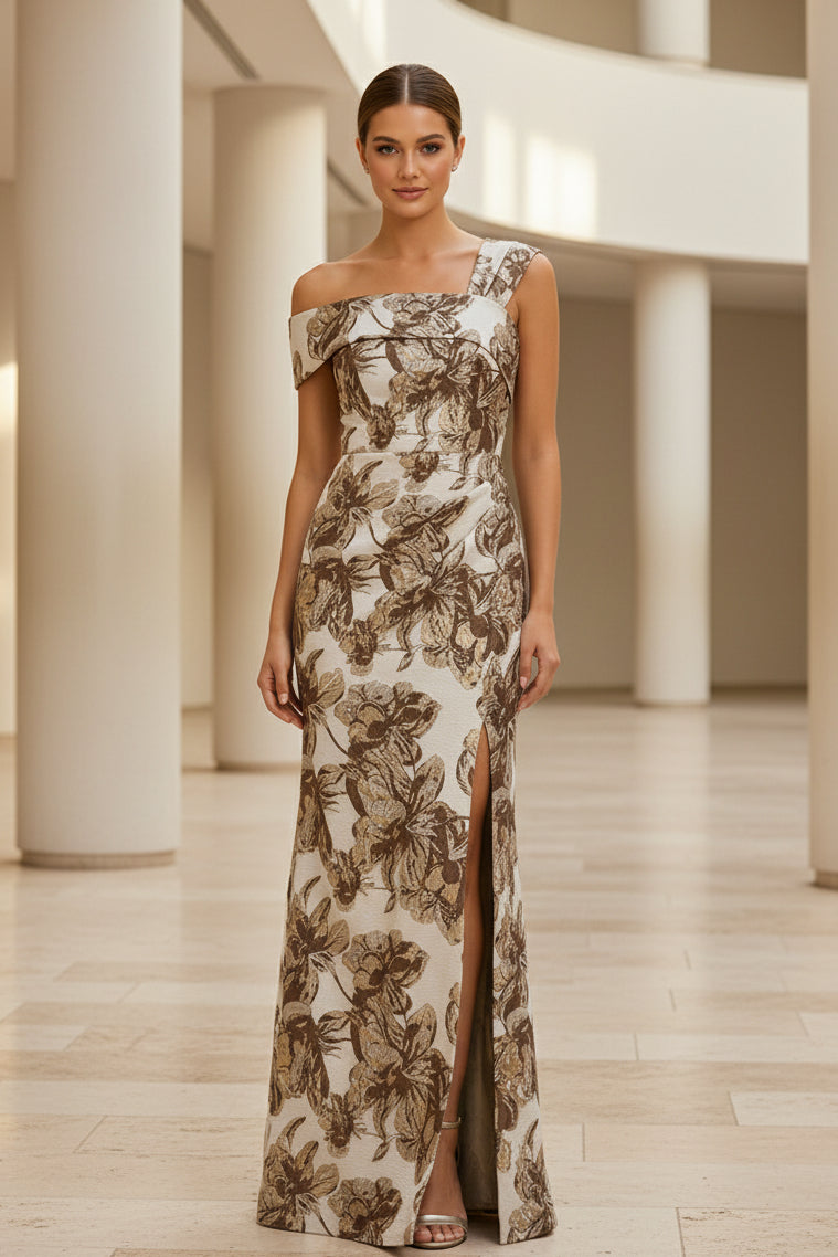 Blumiges Jacquard-Abendkleid mit One-Shoulder und Schlitz