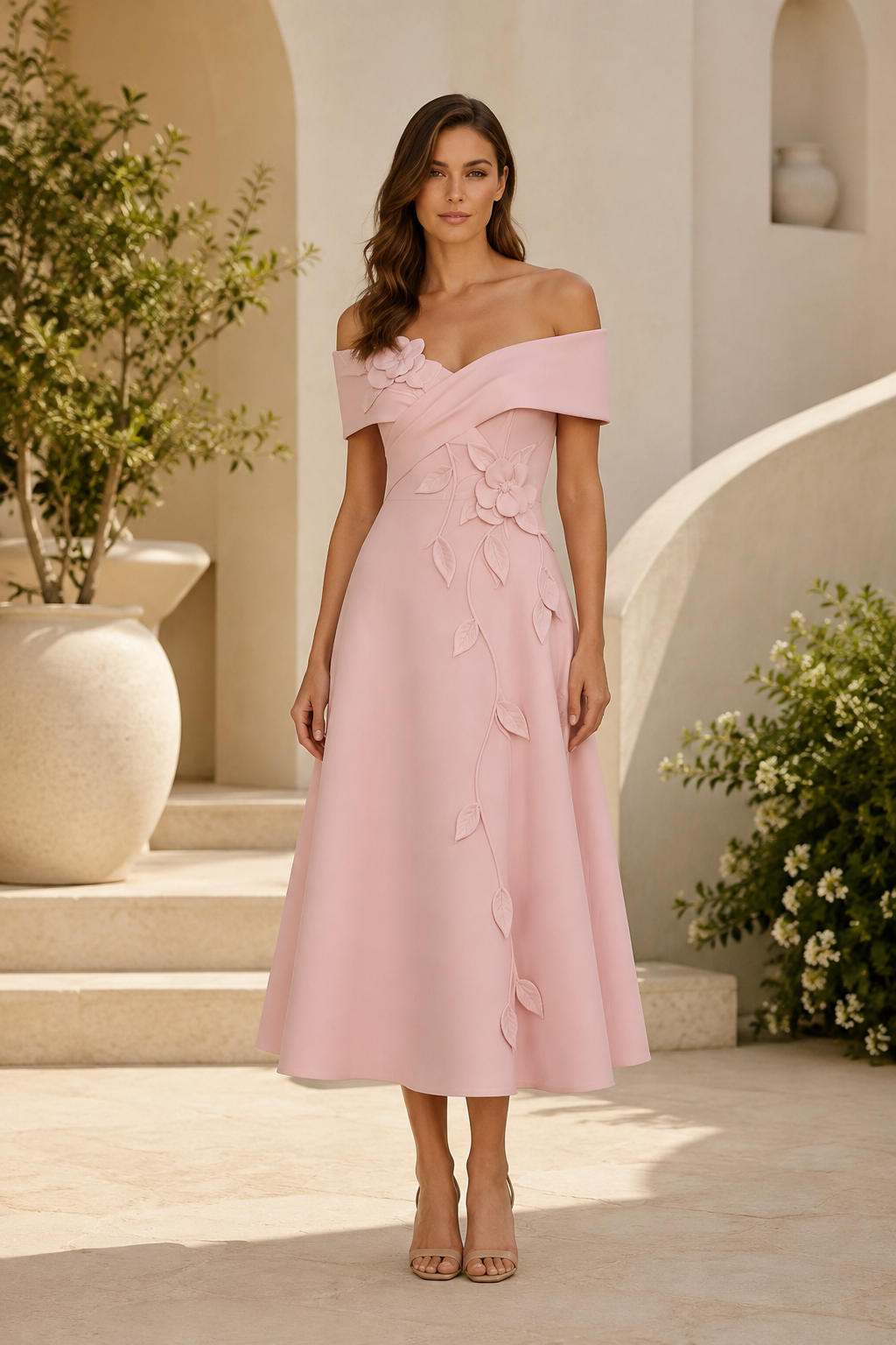 Schulterfreies Midi-Kleid mit Blumenapplikationen