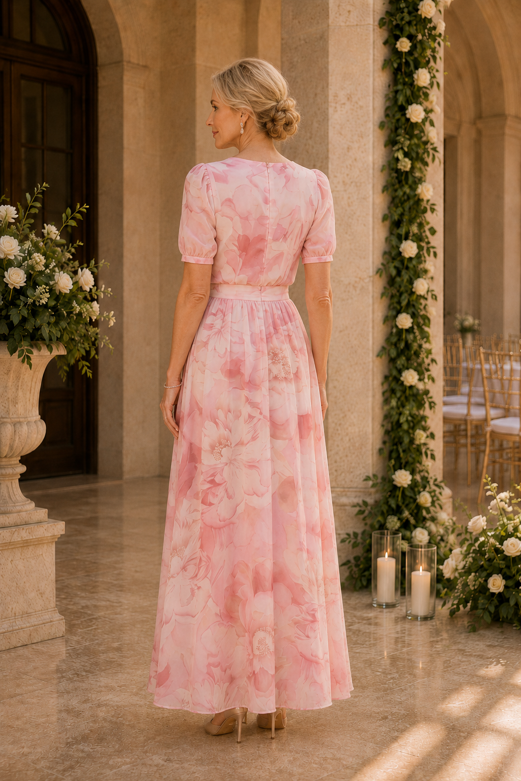 Geblümtes A-Linien Maxikleid mit Puffärmeln