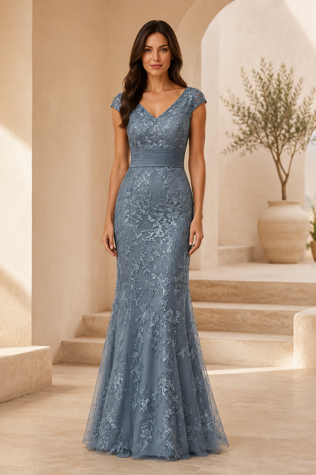 Abendkleid mit Meerjungfrauen-Silhouette, Blumenspitze und kurzen Ärmeln