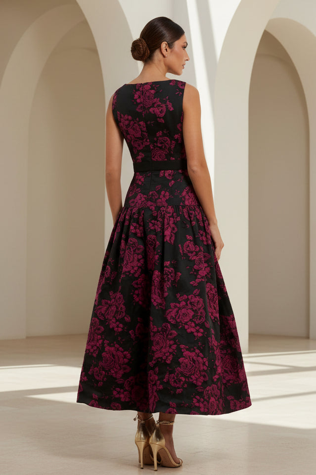 Ärmelloses Midi-Kleid aus floralem Jacquard mit Schleife