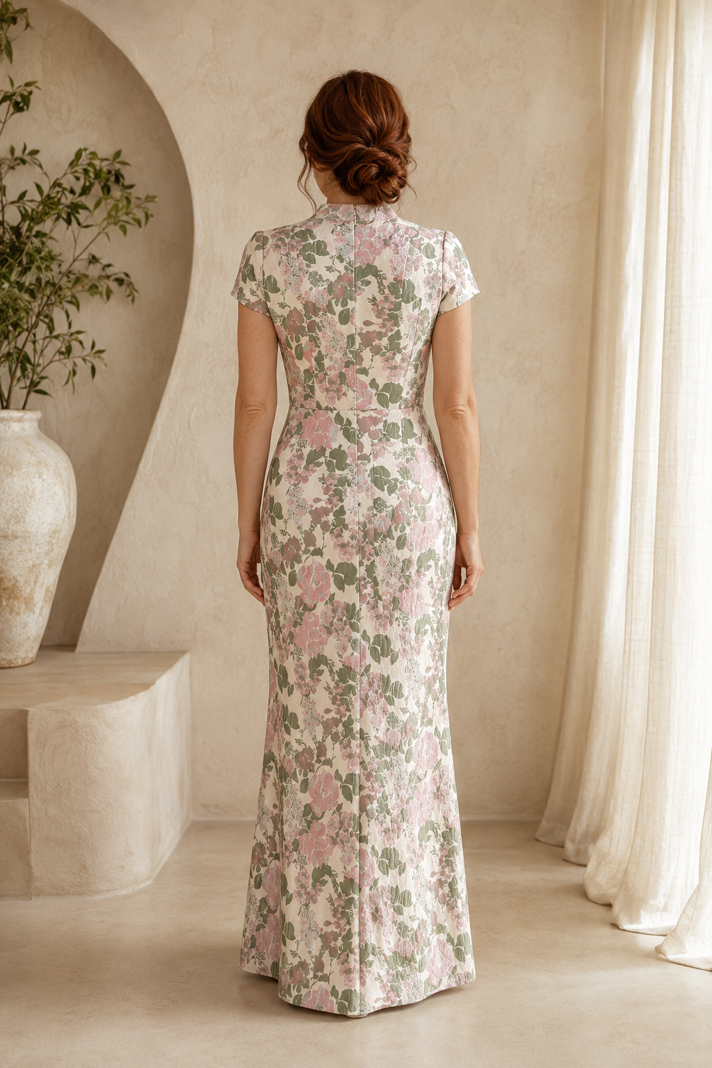 Florales Jacquard-Wickelkleid mit hohem Kragen und kurzen Ärmeln