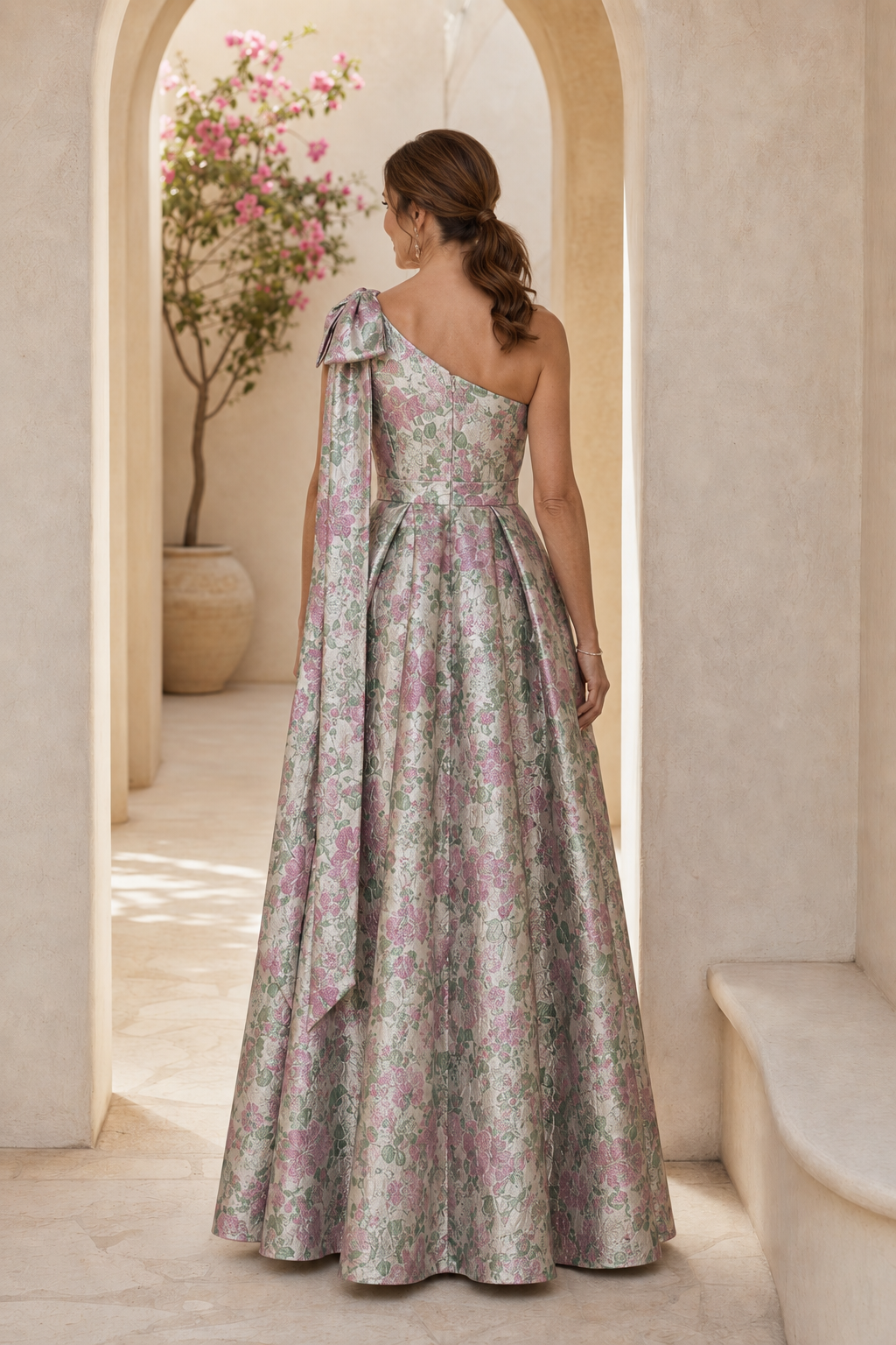 Blumiges A-Linien-Kleid aus Jacquard mit einer Schulter