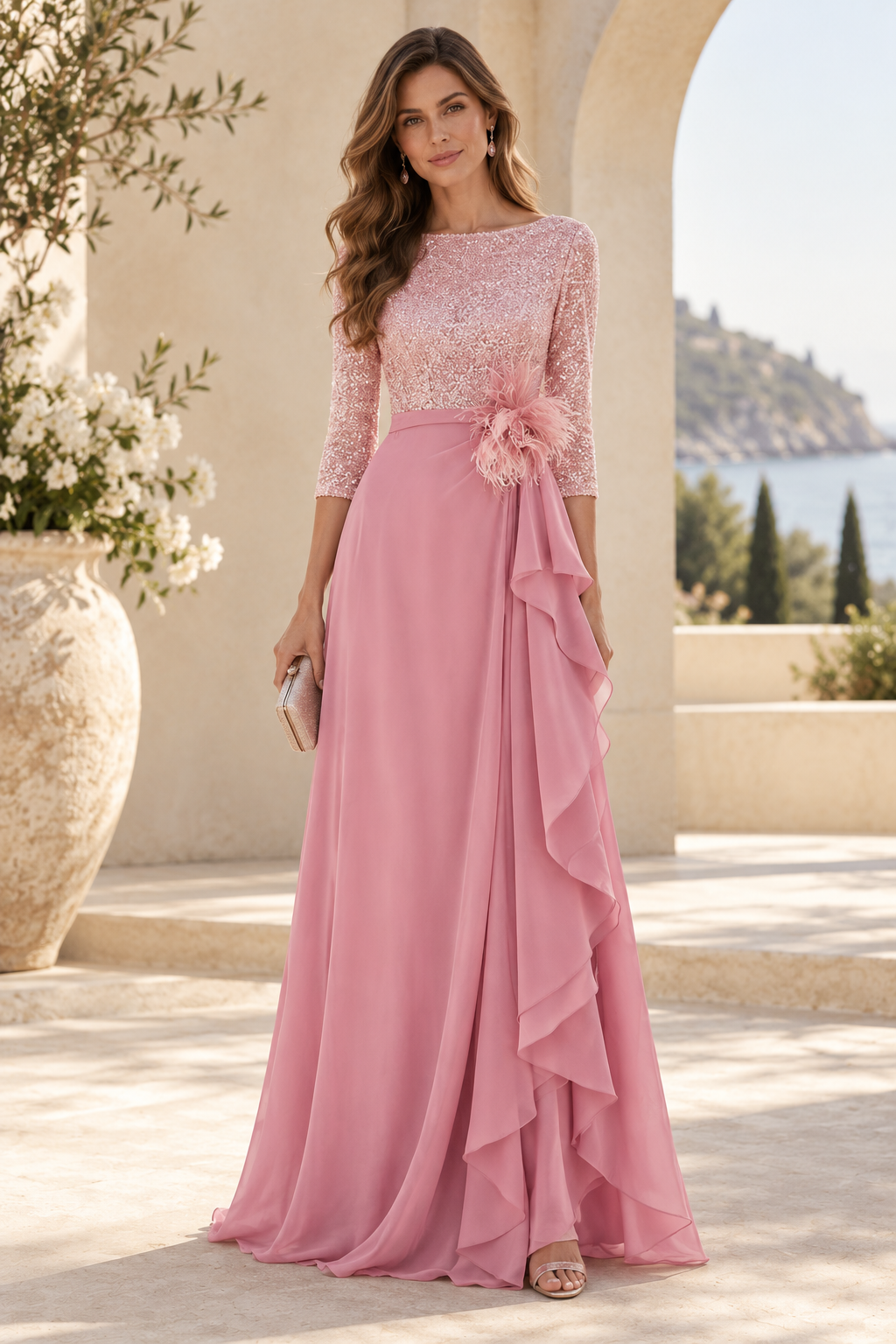 Sequin 3/4 Sleeve A-Line Gown with Ruffled Chiffon Skirt