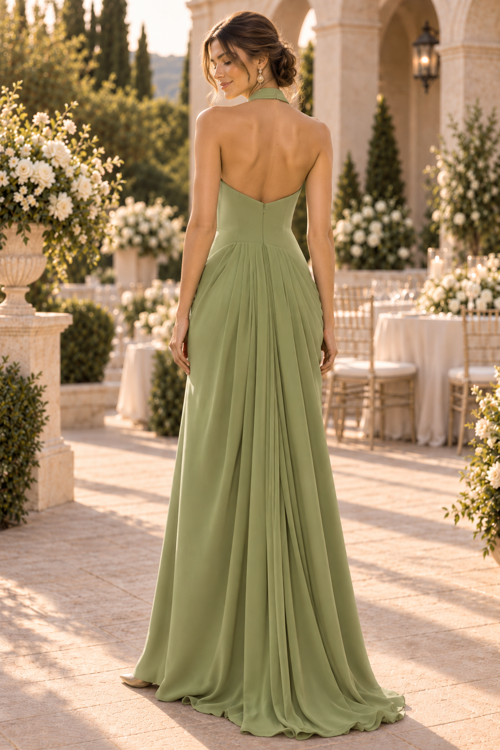 Halter Plunge Neck Draped Maxi Dress