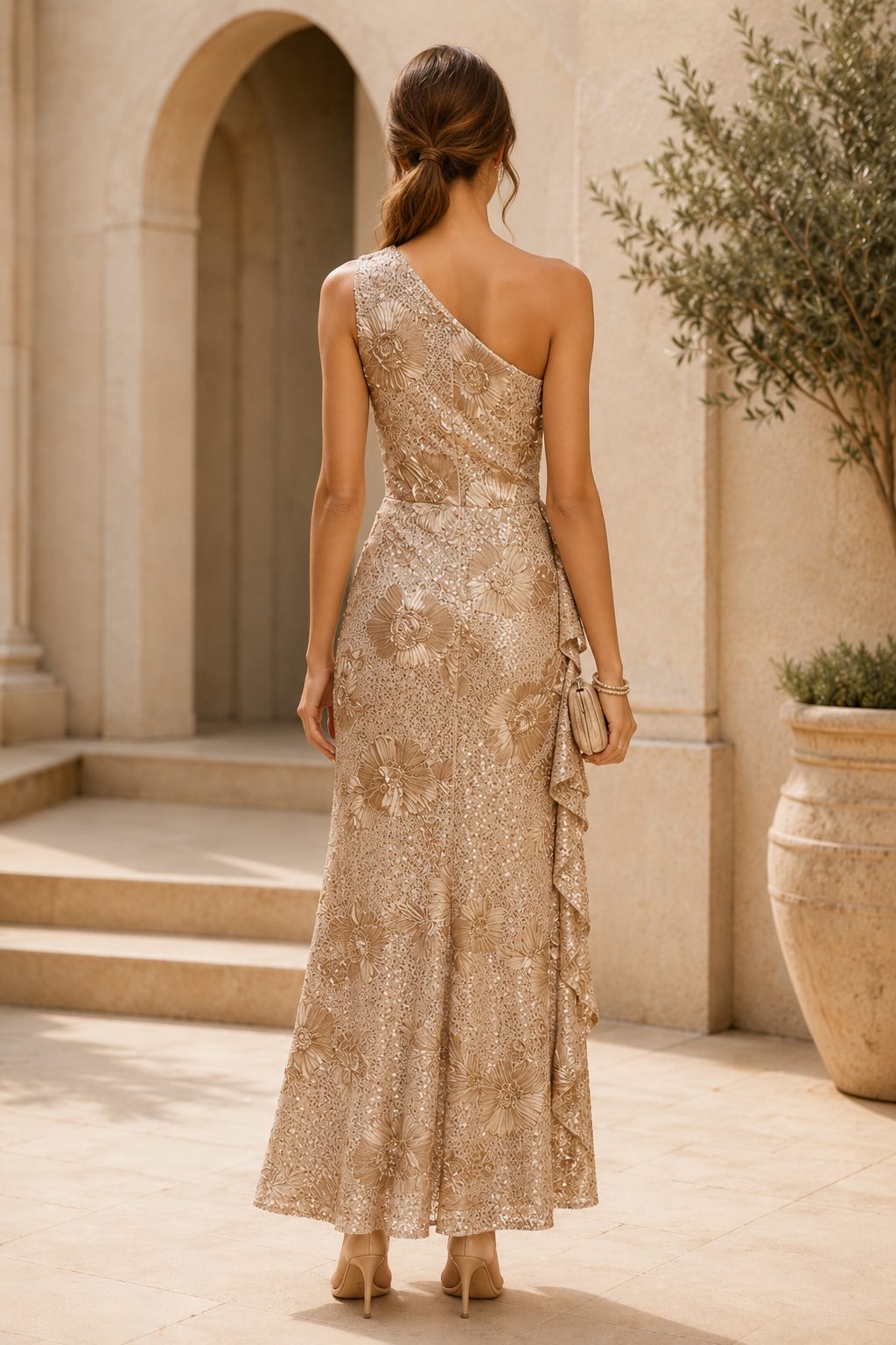 One-Shoulder Drapiertes Paillettenkleid mit Blumenmuster