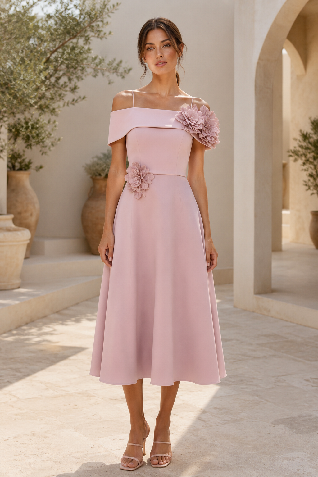 3D-florales, schulterfreies Midikleid mit Rückenschleife