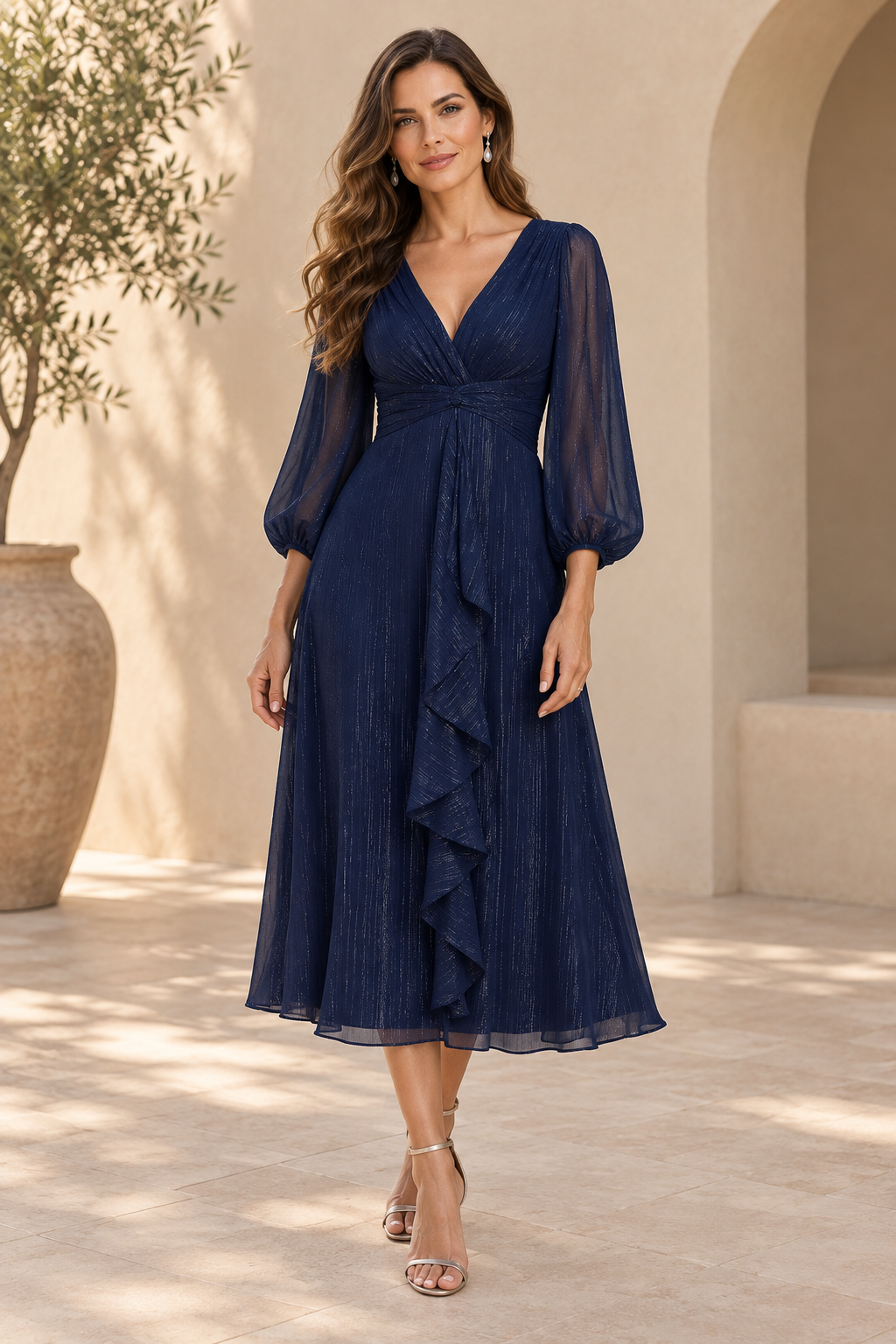 Shimmer V-Neck Long Sleeve Midi Dress