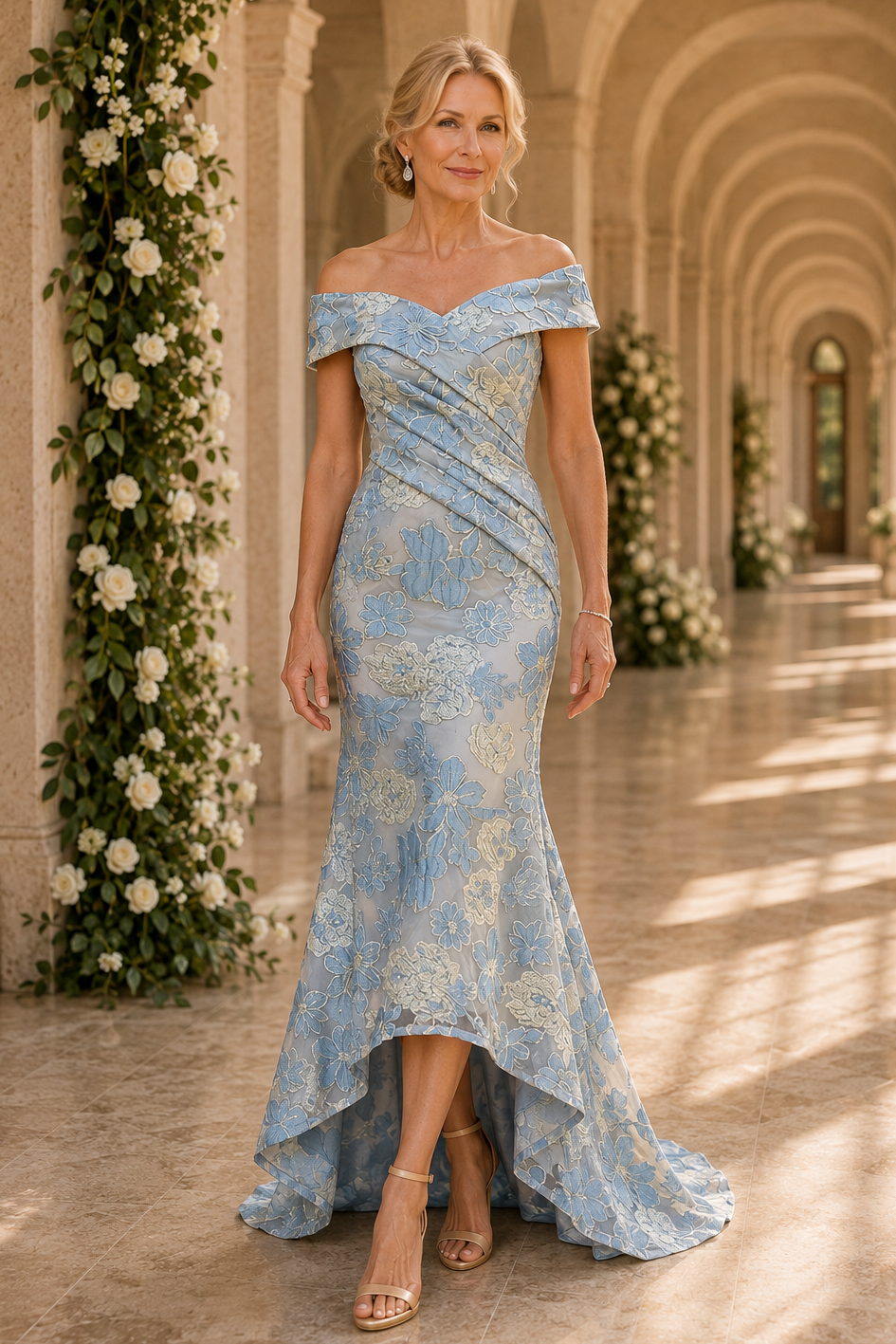 Schulterfreies, geblümtes High-Low-Abendkleid