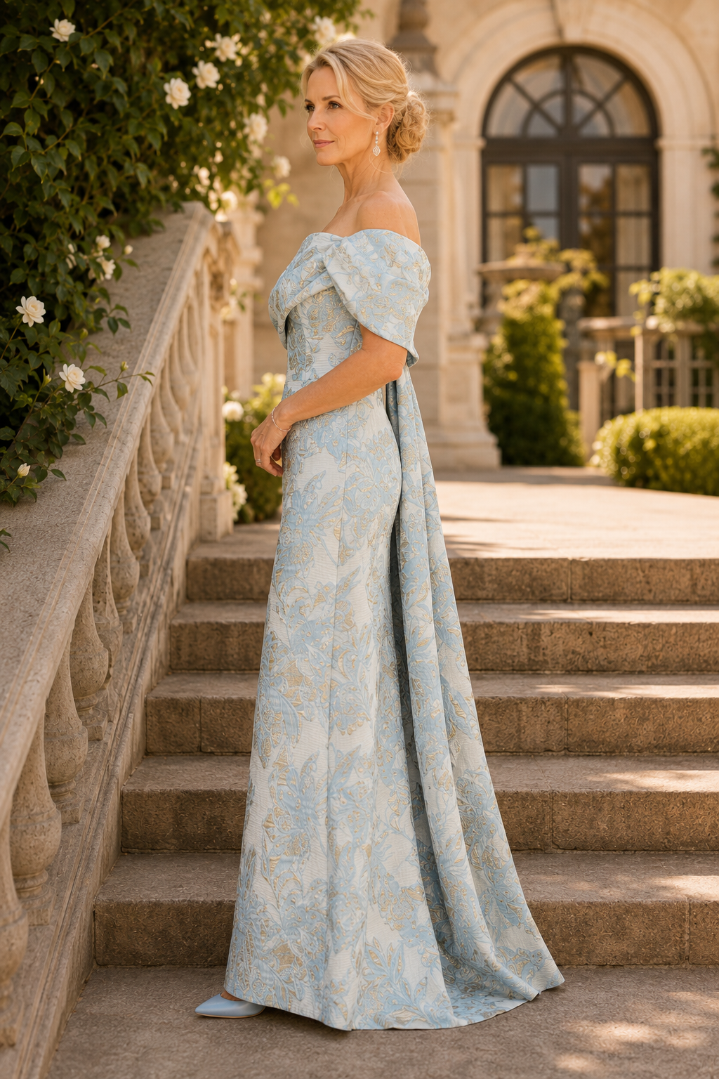 Ärmelloses Brokatkleid mit drapiertem Cape